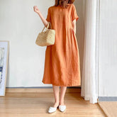 Orange Casual Chic O Neck Loose Pullover Korean Mid Calf Spring Midi Dresses
