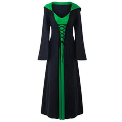 Retro Christmas Costume Plus Size Hooded Lace Up Patchwork Dress
