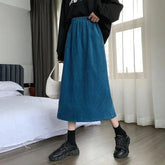 Elastic Waist Corduroy Back Split A Line Midi Skirt