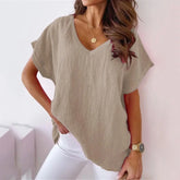 Summer Loose V Neck Khaki T Shirt