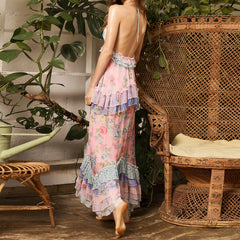 Floral Print Multi-Layered Ruffles V Neck Maxi Dress