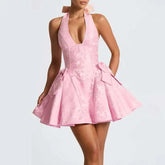 Pink Bow Jacquard A-line Halter Mini Dress