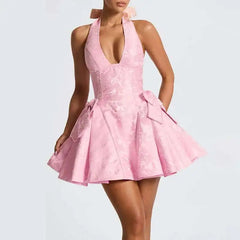 Pink Bow Jacquard A-line Halter Mini Dress