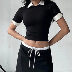 Black T-shirt Two Tone Collar Top