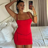 Patchwork Solid Spaghetti Bodycon Dress