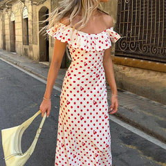 Red Off Shoulder Ruffled Polka Dot Printed Maxi Dress