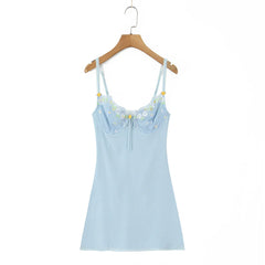 Blue Plaid Wire Bra Embroidery Mini Dress