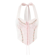 Pink Floral Embroidery Lace Up Halter Top