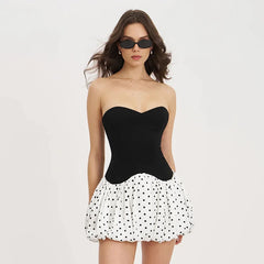 Black Patchwork Polka Dot Frill Mini Dress