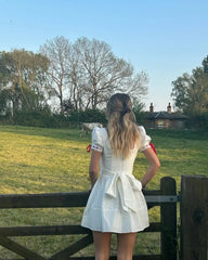 White Puff Sleeve Red Ribbon Lace Up Mini Dress