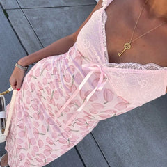 Pink Tulip Print Lace Strap Midi Dress