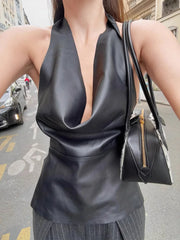 Black PU Halter Top