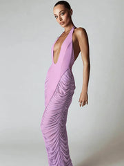 Purple Deep V Neck Ruched Maxi Dress