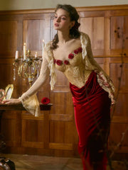 Red Drape Flower Corset Strapless Midi Dress