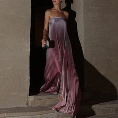 Pink Sleeveless Gradient Pleated Long Dress