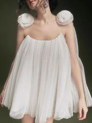 White Mesh Flower Appliqués Frill Mini Dress