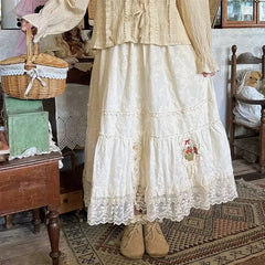 White Embroidery Lace Long Skirt - Sweet A-Line