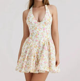 Floral Print Deep Halter Neck Mini Dress