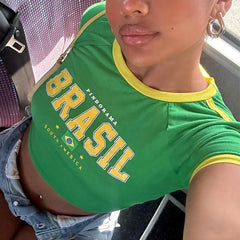 Green Brazil Flag Graphic Crop Top - Streetwear Regular Fit