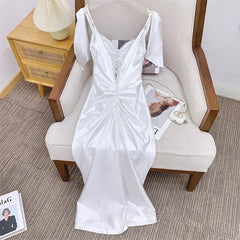 White Lace Up Satin Tie Up Maxi Dress