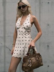 White Satin Polka Dot Lace Trim Mini Dress