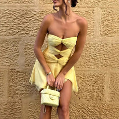 Yellow Strapless Cut Out Mini Dress