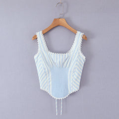Blue Stripe Lace Trim Corset Top