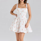 White Floral Print Back Tie Flare Mini Dress - Casual Loose Fit