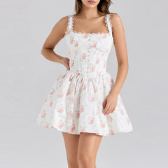 White Floral Print Back Tie Flare Mini Dress - Casual Loose Fit