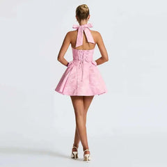 Pink Bow Jacquard A-line Halter Mini Dress
