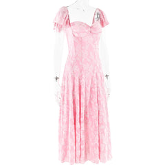 Pink Short Puff Sleeves Jacquard Print Maxi Dress