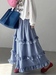 Blue Ruffles Plaid Long Skirt - Preppy A-Line