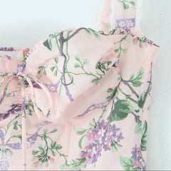 Pink Floral Print Bow Ruched Midi Dress