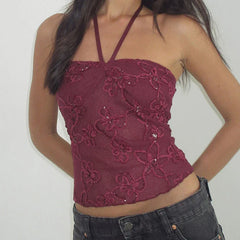 Red Sequin Sheer Maxi Skirt And Halter Crop Top Set