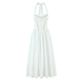 White Embroidery Flower Lapel Bow Halter Midi Dress