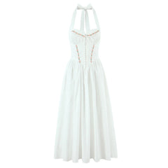 White Embroidery Flower Lapel Bow Halter Midi Dress