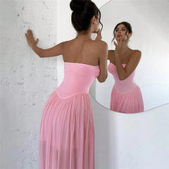 Pink Strapless Mesh Maxi Dress