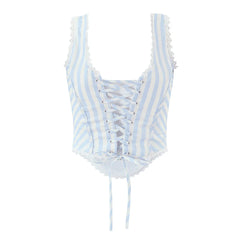 Blue Stripe Lace Trim Corset Top