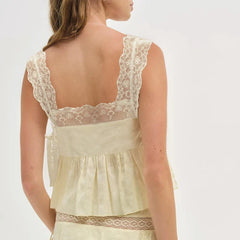 Lace Patchwork Square Neck Flower Embroidery Side Tied Top