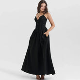 Black Buttoned V-Neck Spaghetti Strap Maxi Dress