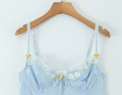 Blue Plaid Wire Bra Embroidery Mini Dress