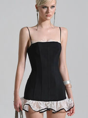 Black Solid Cami Lace Frill Trim Mini Dress