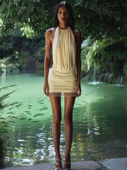 Tassel Halter Pleated Open Back Mini Dress