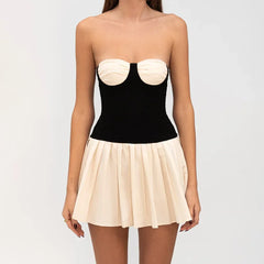 Black N White Strapless Pleated Mini Dress