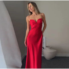 Satin Solid V-neck Strap Maxi Dress