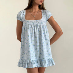 Charming Square Neck Mini Dress - Printed A-Line with Puff Sleeves