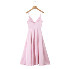 Pink Satin V-neck Bow Strap Flare Midi Dress