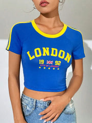 Blue London Letter Printed Crop Graphic T-shirt - Casual Regular Fit