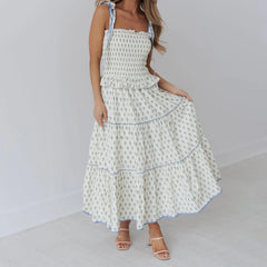 White Floral Print Tie-Up Smocked A-Line Long Dress - Square Neck