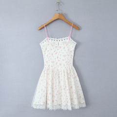 White With Pink Flower Mesh Bow Strappy Mini Dress